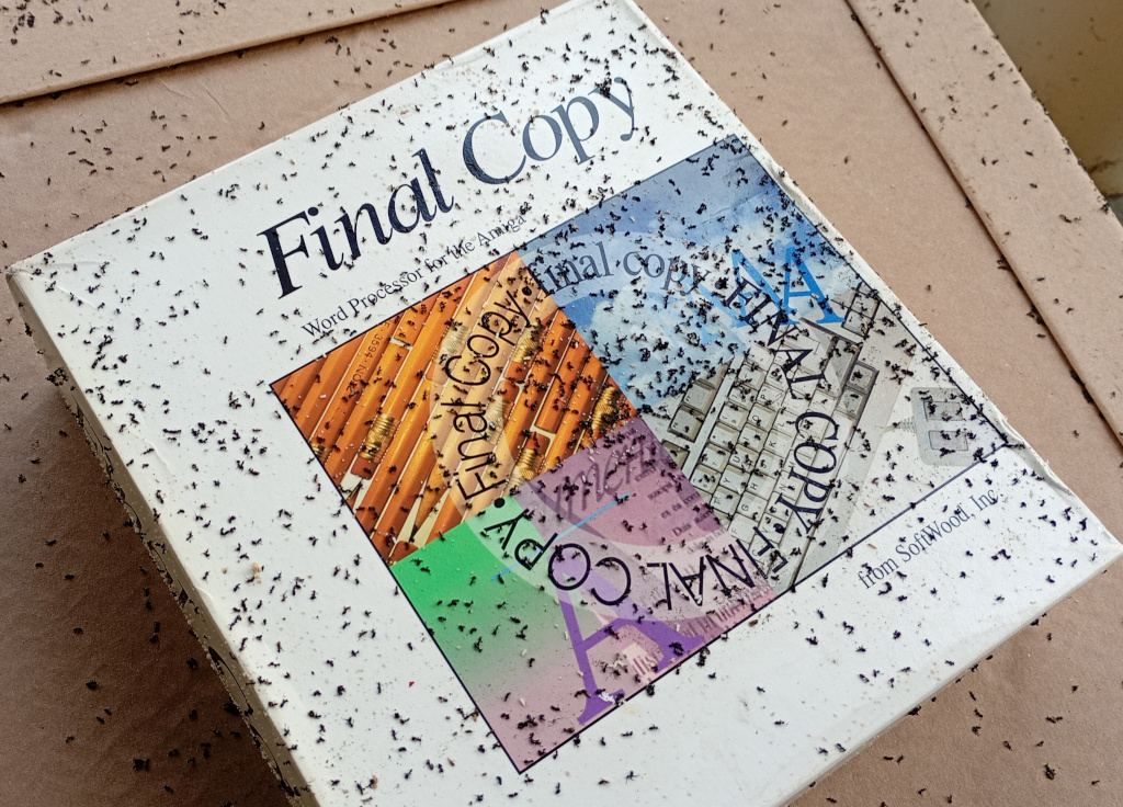 Photo of the box containing Final Copy, a word processor for the Amiga. It is covered with dead ants and eggs.