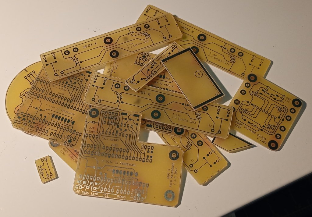 Picture of a pile of small PCBs of different sizes and designs. They have not yet been drilled or soldered - it's just the copper and substrate because that's as good as I can do.