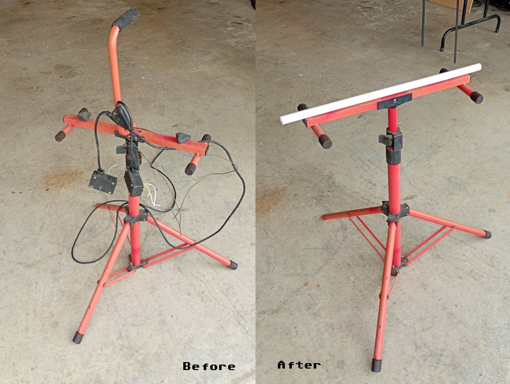 Two pictures of a construction light tripod, one with the top handle and wrecked wiring still attached, one with the handle and wiring removed and a piece of conduit installed along the t-piece. 