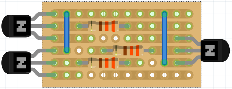 The picture shows a screengrab of a Fritzing circuit layout consisting of a piece of stripboard and some NPN transistors and 330Ω resistors. It is intended for use as a module to drive LEDs at 5v from a 3.3v input.